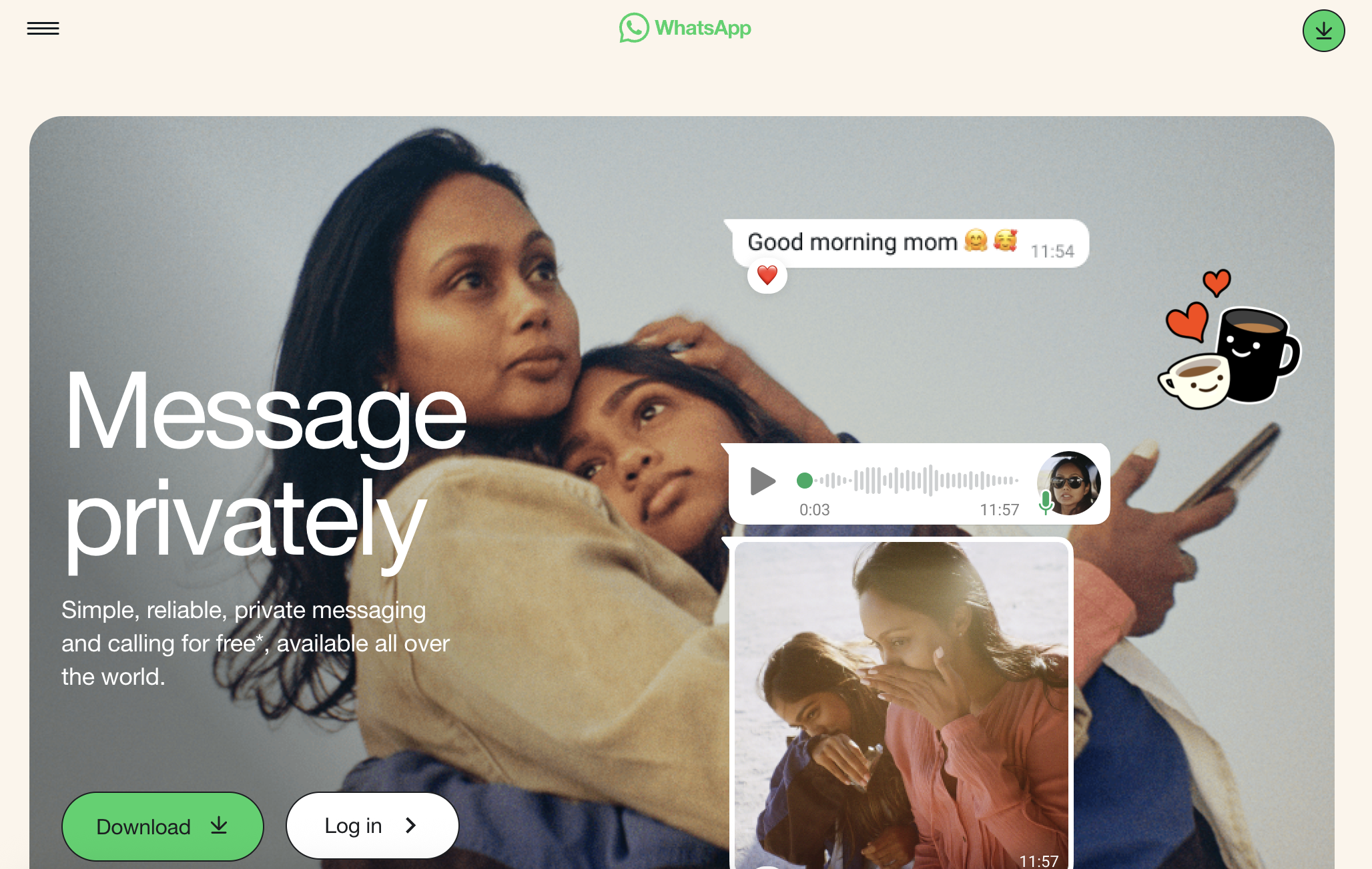 WhatsApp messaging app homepage showing private chat interface, voice message, and family conversation example, representing one of the top social media platforms for messaging.