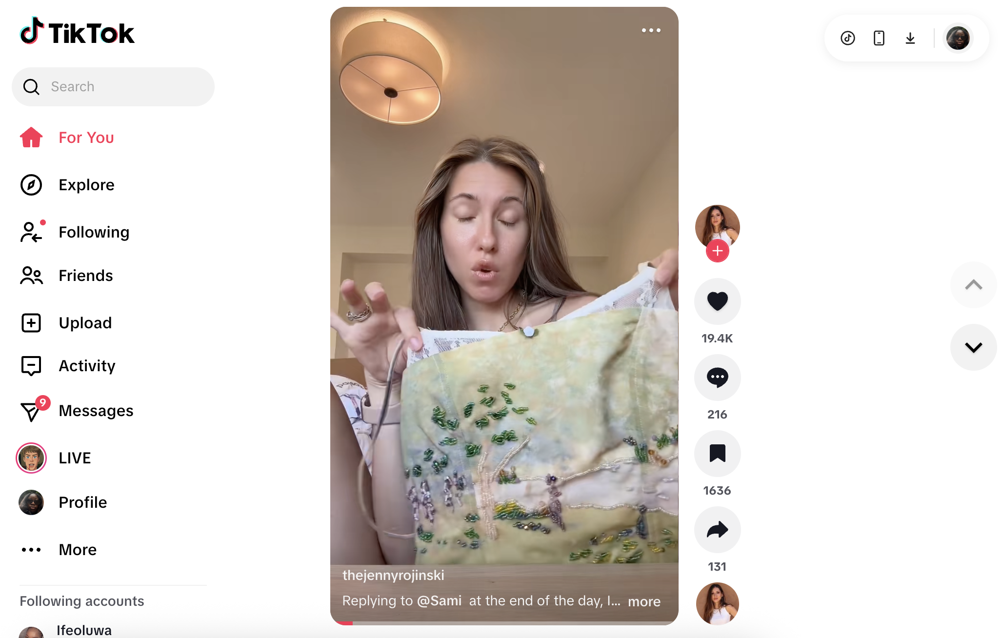 TikTok desktop interface showing a creator presenting embroidered fabric in a vertical video with engagement icons and sidebar navigation, illustrating content on top social media platforms.
