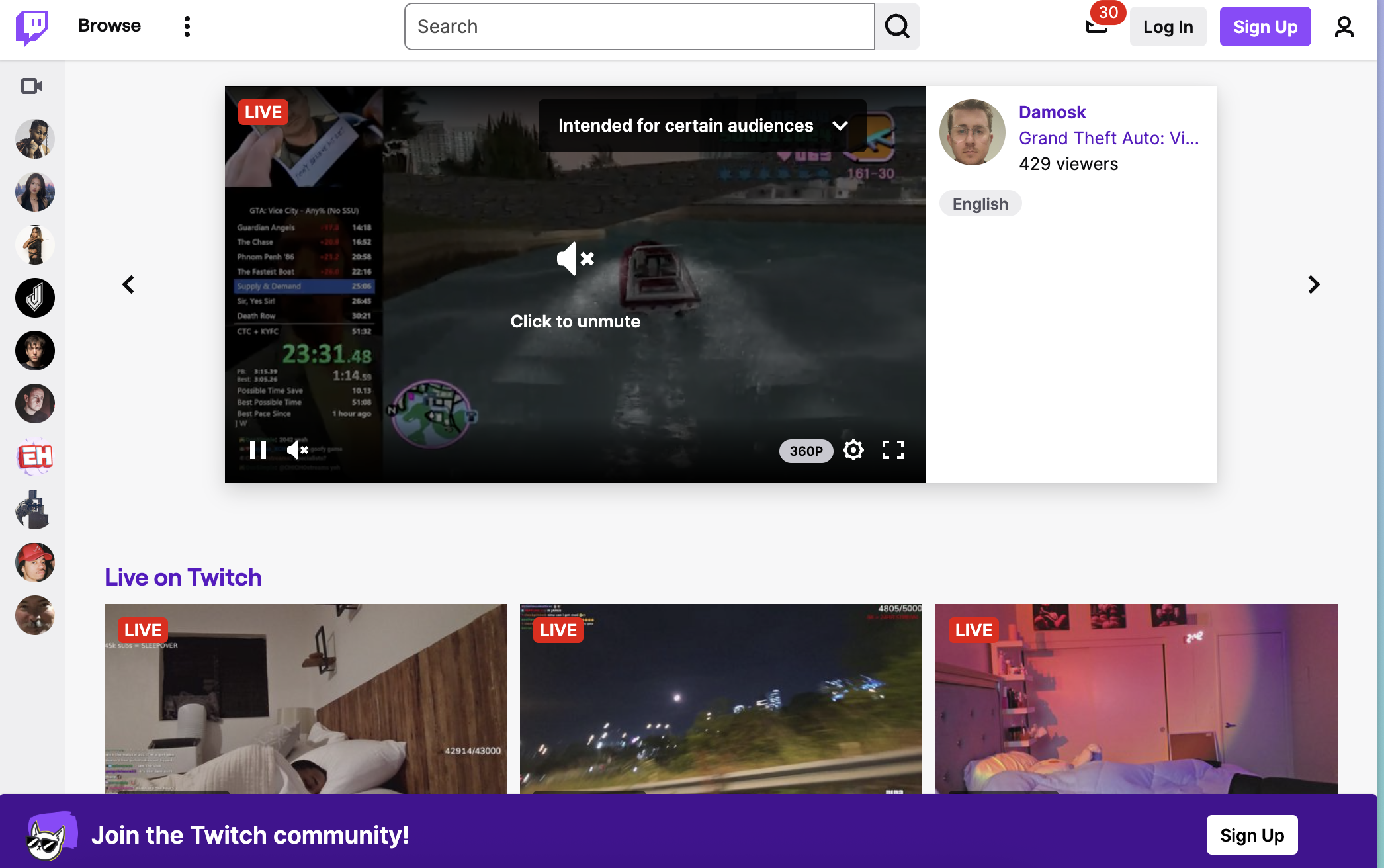 Twitch live streaming platform homepage showing active gaming livestream, creator channel preview, and live broadcasts feed, representing one of the top social media platforms for streaming content.
