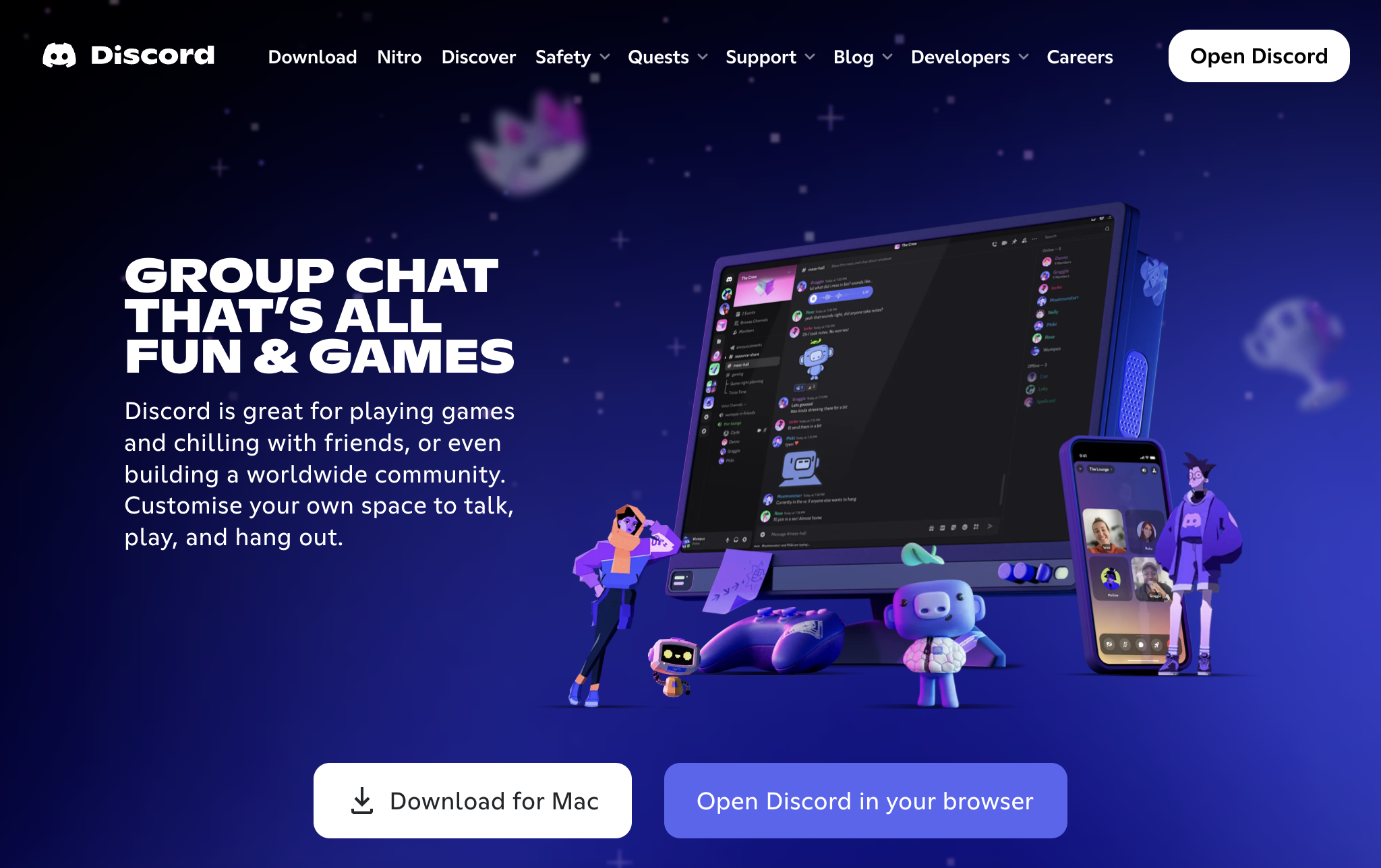 Discord group chat platform homepage showing messaging interface, voice channels, and gaming community features across desktop and mobile, representing one of the top social media platforms.