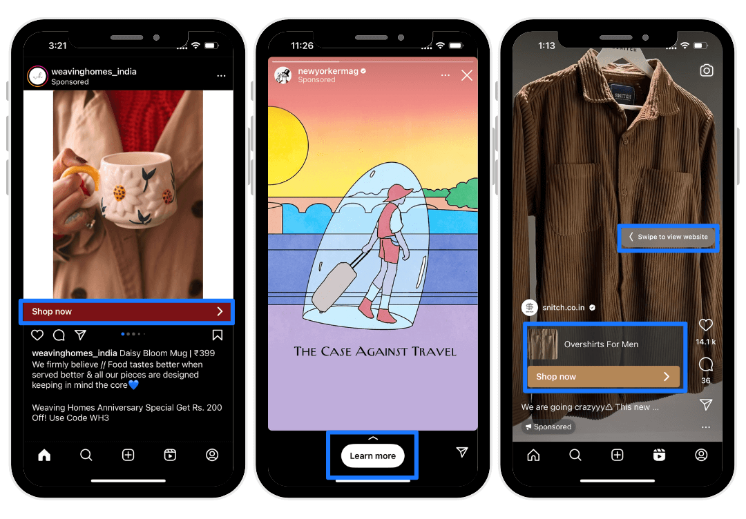 Instagram ads in feed and Stories with sponsored posts and shop buttons, showing how to make money on Instagram through paid advertising and promoted products.