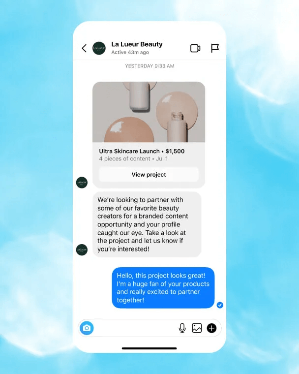 Instagram Creator Marketplace message showing brand partnership offer and paid collaboration, demonstrating how to make money on Instagram through sponsored content deals.