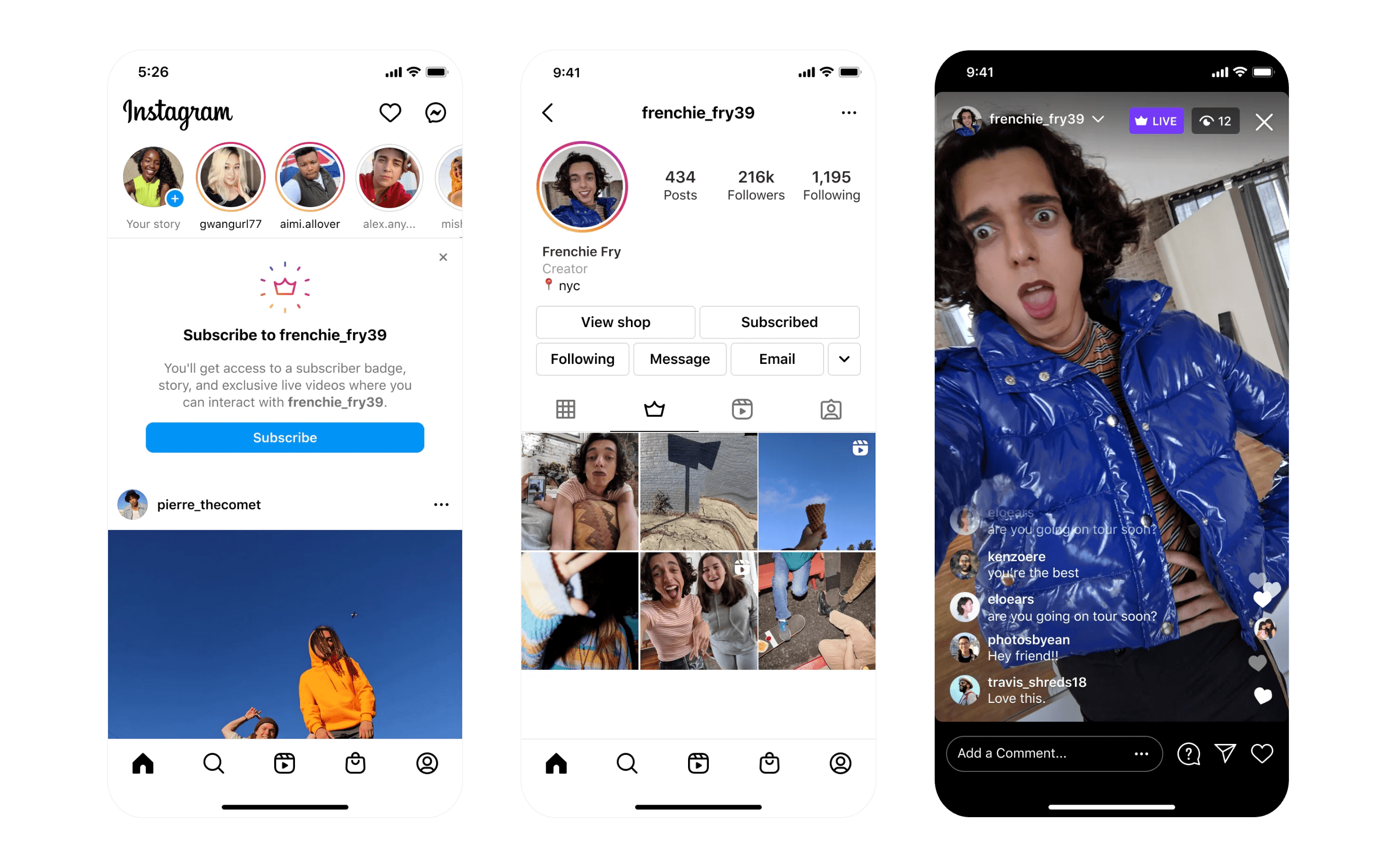 Instagram app screens showing creator profile, subscription prompt, and live video interface illustrating how to make money on Instagram with exclusive content subscriptions.