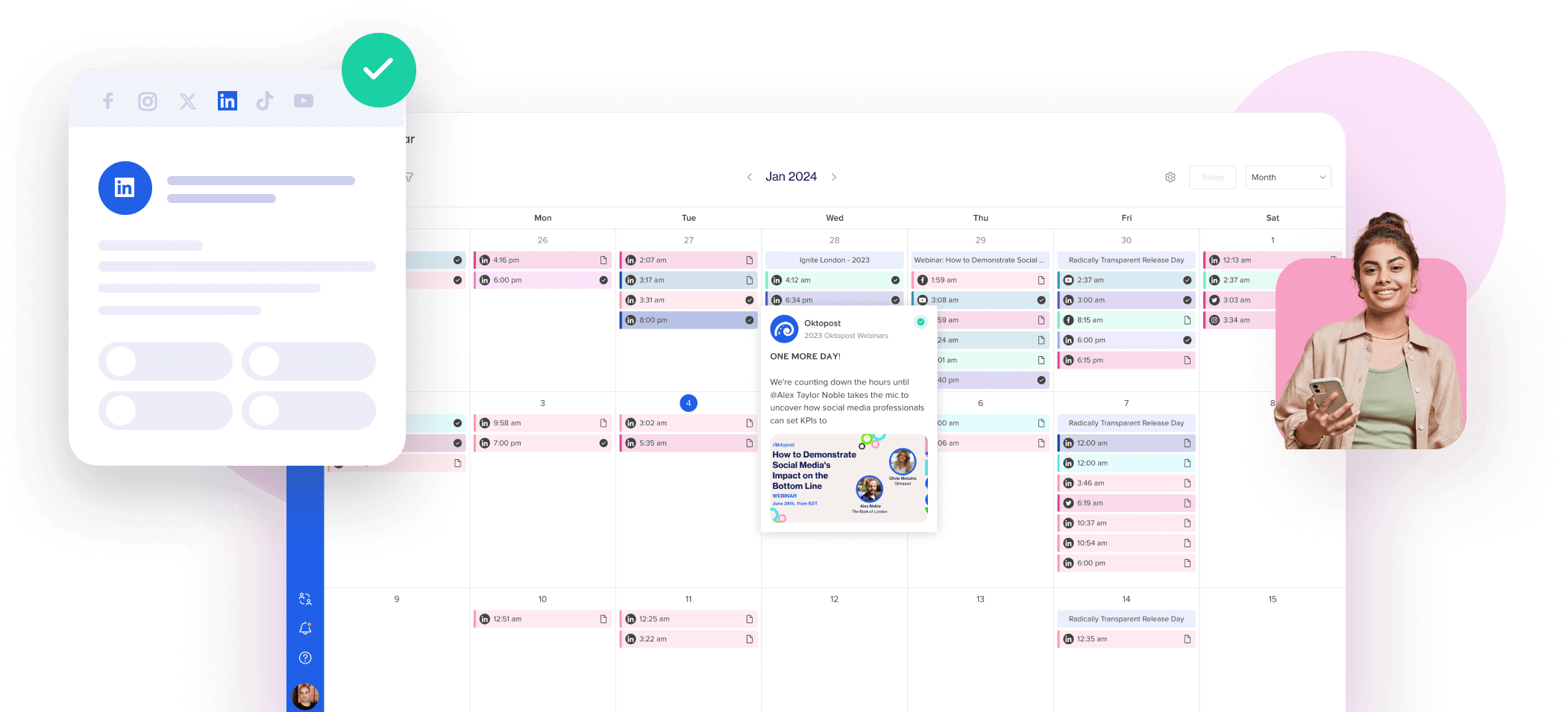 Calendar view of scheduled posts in Oktopost, showing organized planning and publishing through social media management tools.