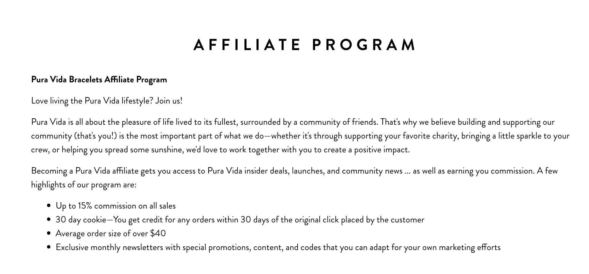 Affiliate program page highlighting commission rates and perks, illustrating how to make money on Instagram through affiliate marketing partnerships and tracked sales.