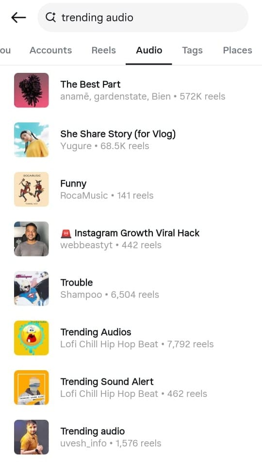 The search results for "trending audio" in Instagram