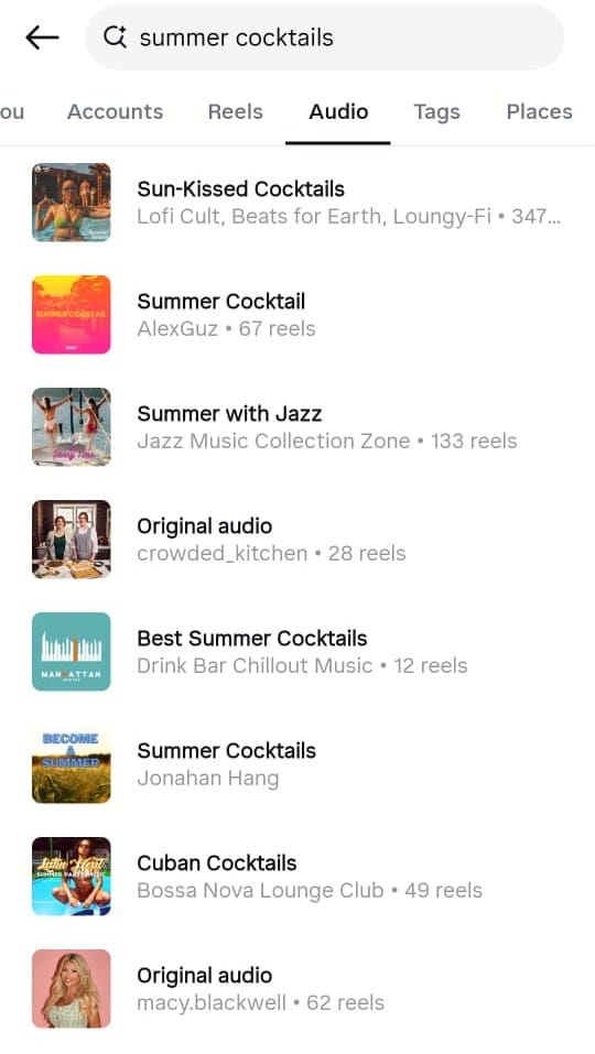 The audio search results for "summer cocktails" in Instagram