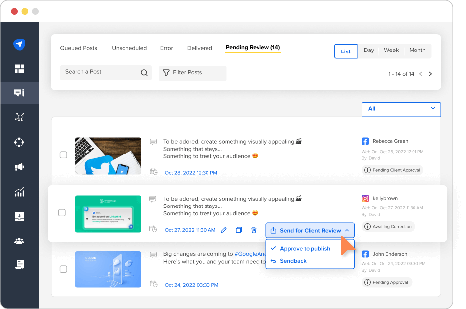 Screenshot showing the Pending Review dashboard on social media management tool SocialPilot