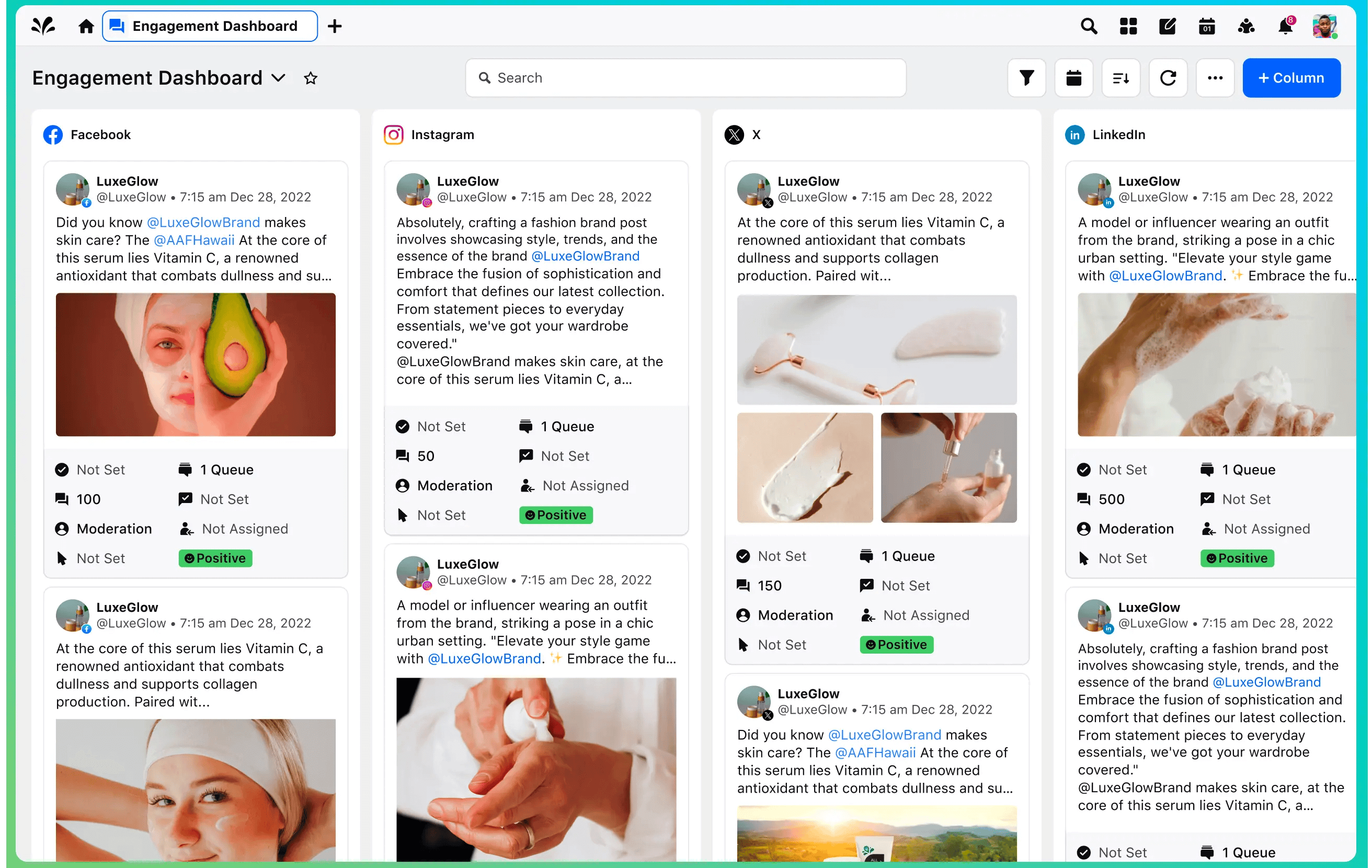 Sprinklr engagement dashboard showing Facebook, Instagram, Twitter, and LinkedIn posts with metrics and sentiment tags, highlighting cross-platform monitoring through social media management tools.