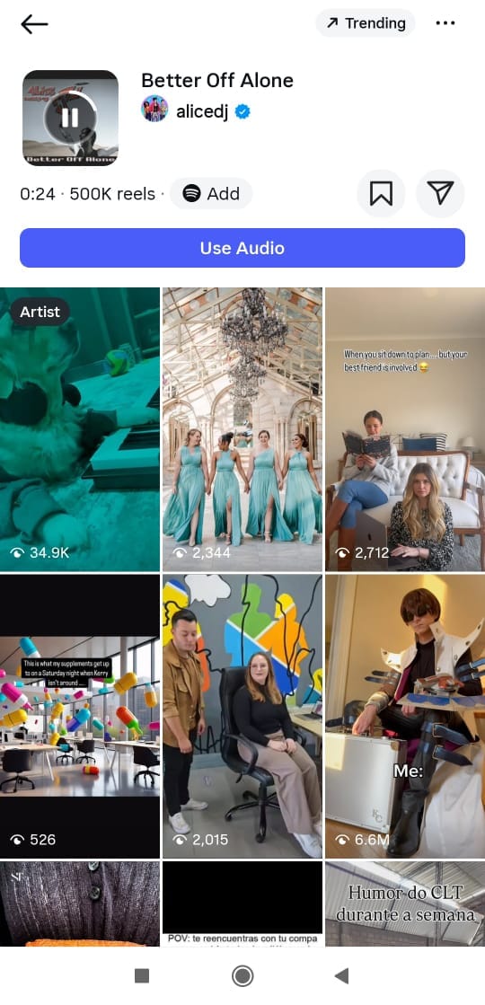 A screenshot of all the Better Off Alone's audio page, where you can see all the reels taht have recently featured the sound
