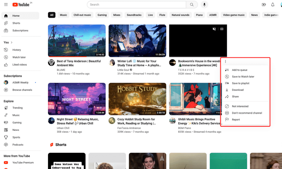 screenshot showing how to find the three-dot menu to give feedback on YouTube recommendations