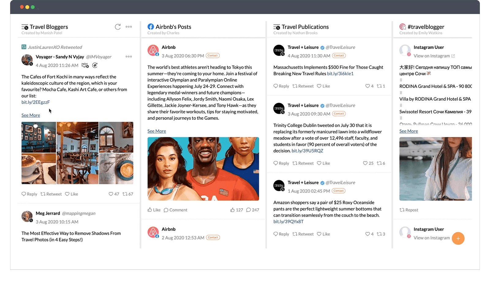 Zoho's multi-column feed displaying curated travel-related social posts with images, captions, and engagement actions, showing content monitoring through social media management tools.