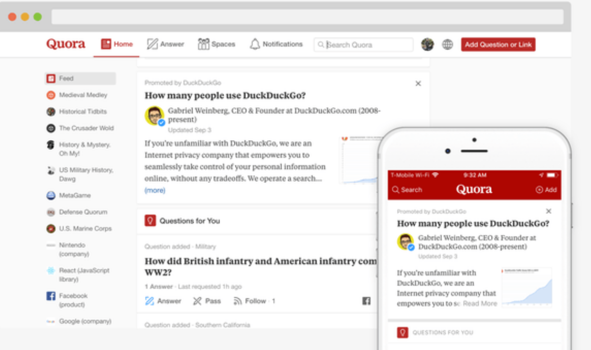 Quora question-and-answer platform interface showing homepage feed, topic sidebar, and mobile app screen, representing one of the top social media platforms for knowledge sharing.