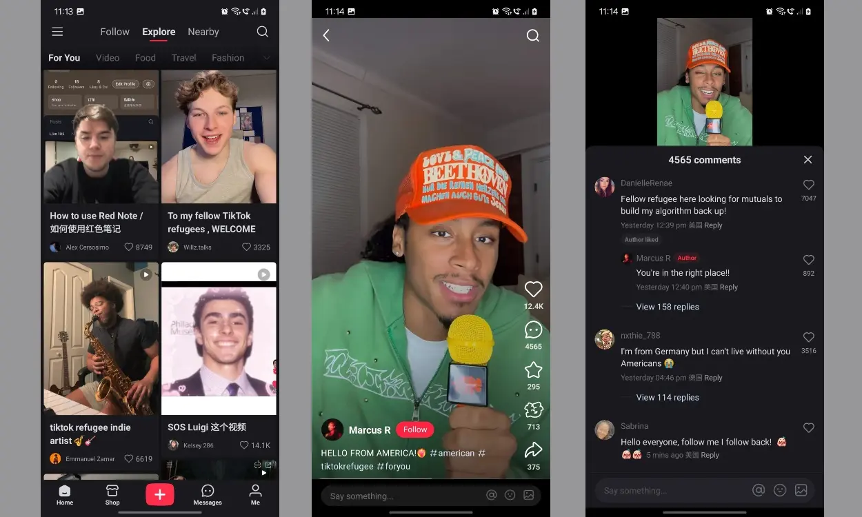 RedNote short video app interface showing explore feed, creator video screen, and comment section on smartphones, representing one of the top social media platforms for short-form content.