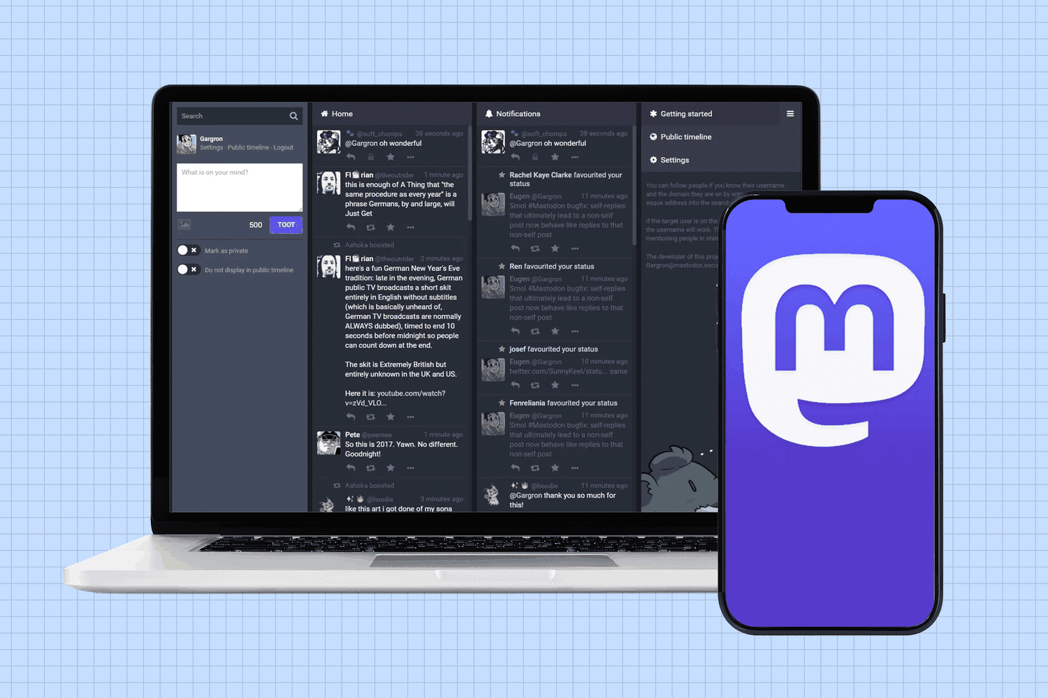 Mastodon decentralized social media platform interface displayed on laptop and smartphone screens, representing one of the top social media platforms for open-source networking.