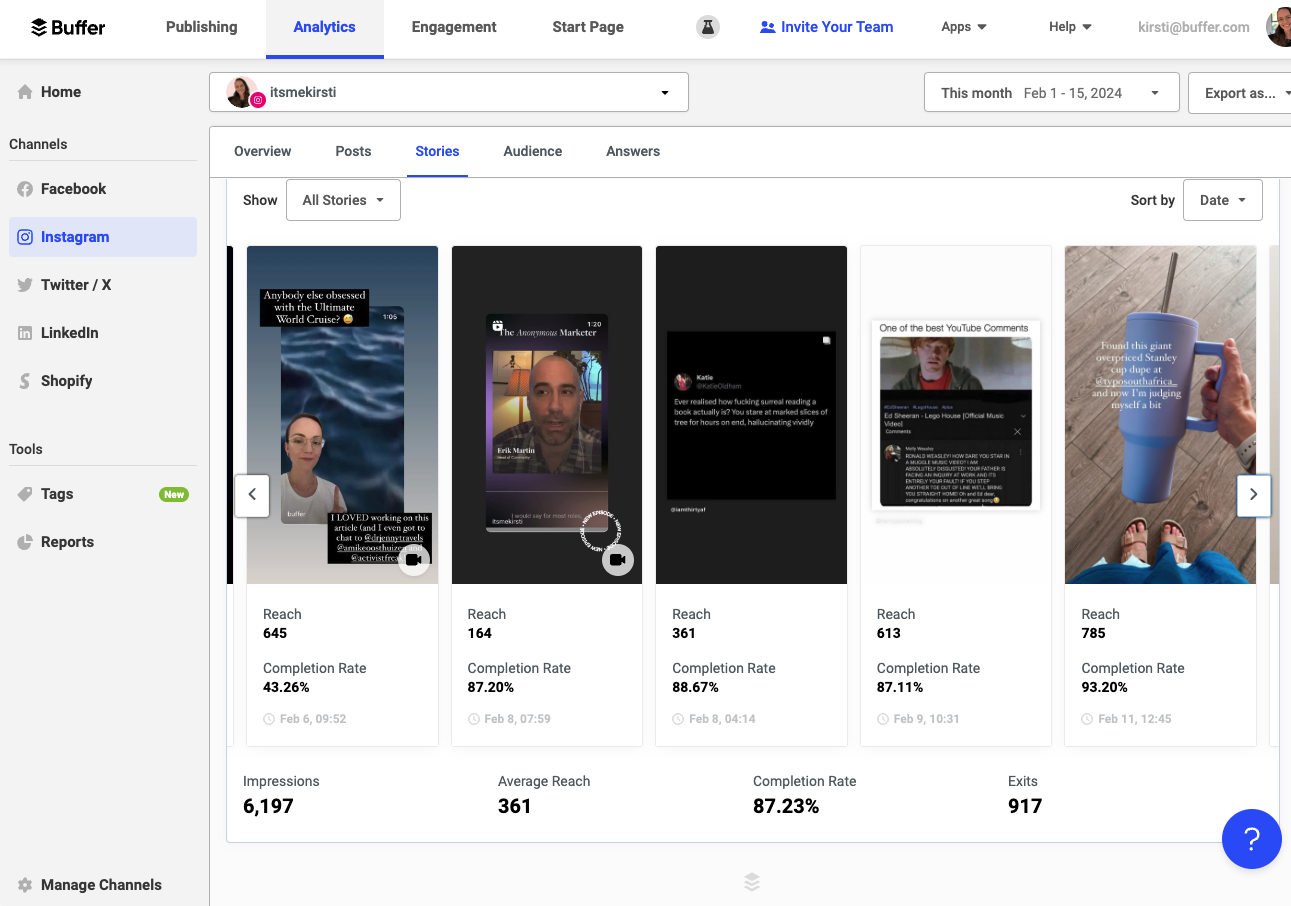 screenshot of buffer analytics for Instgram stories