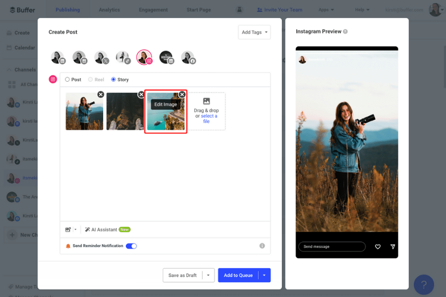 screenshot showing how to schedule instagram stories with Buffer