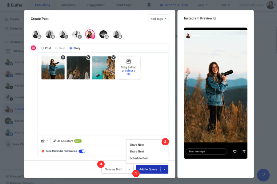 screenshot showing how to schedule instagram stories with Buffer