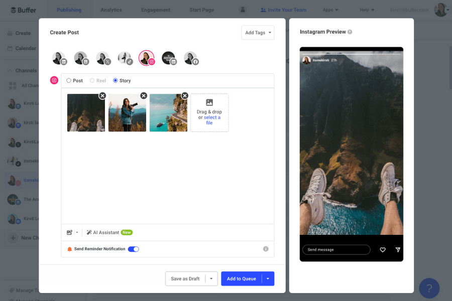 screenshot showing how to schedule instagram stories with Buffer