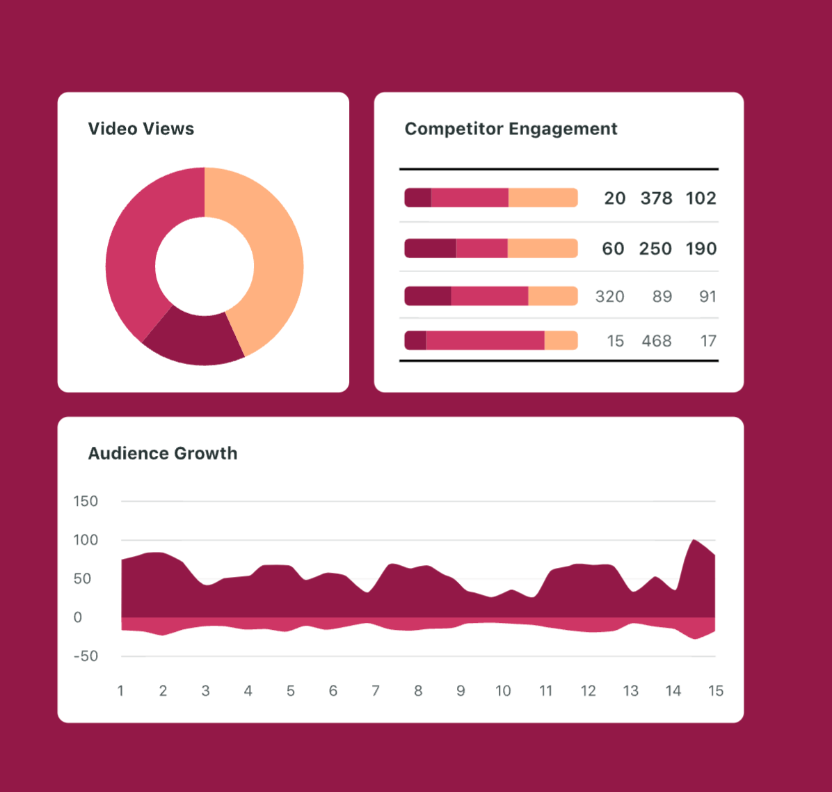 Sprout Social analytics dashboard with video views chart, competitor engagement bars, and audience growth graph highlighting performance insights from social media management tools.