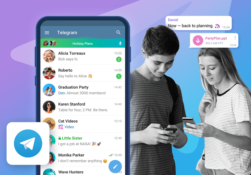 Telegram messaging app interface on a smartphone with chat list and notifications beside two teens using phones, representing modern communication on top social media platforms.