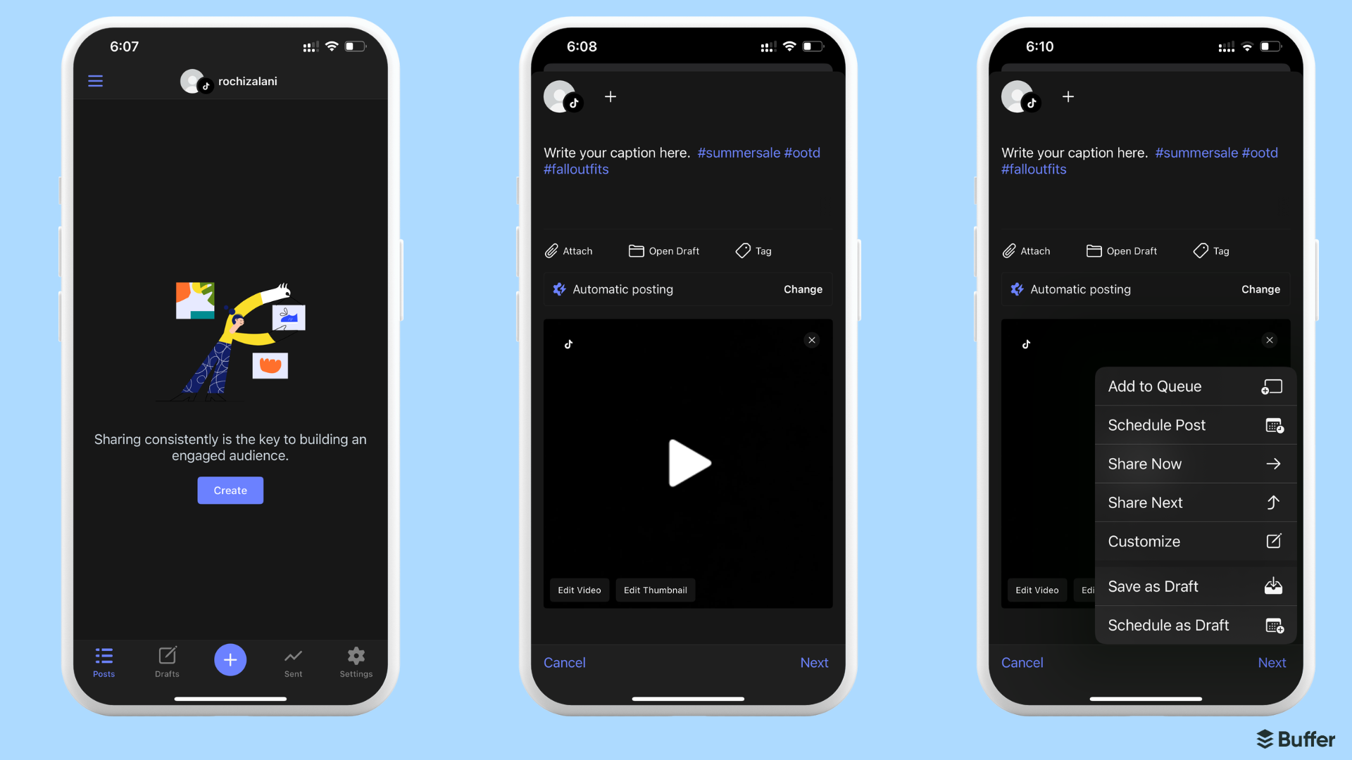 three screenshots showing how to schedule a tiktok post on the buffer mobile app