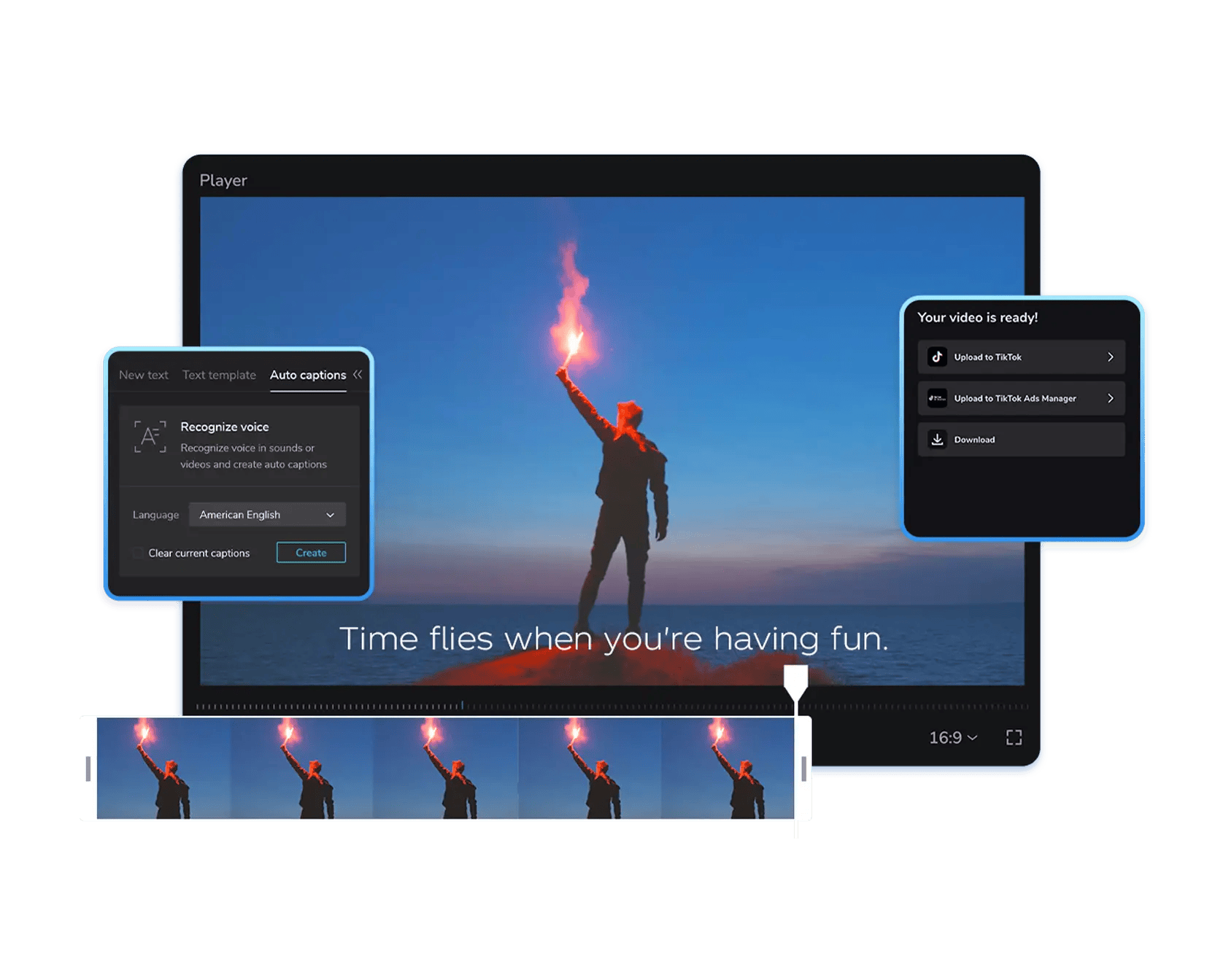 CapCut social media marketing tools video editor showing timeline, auto captions, and export options for creating and optimizing short-form video content