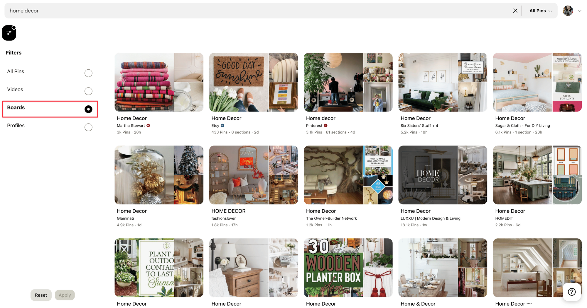 A Pinterest search results page for ‘home decor,’ filtered to show boards.