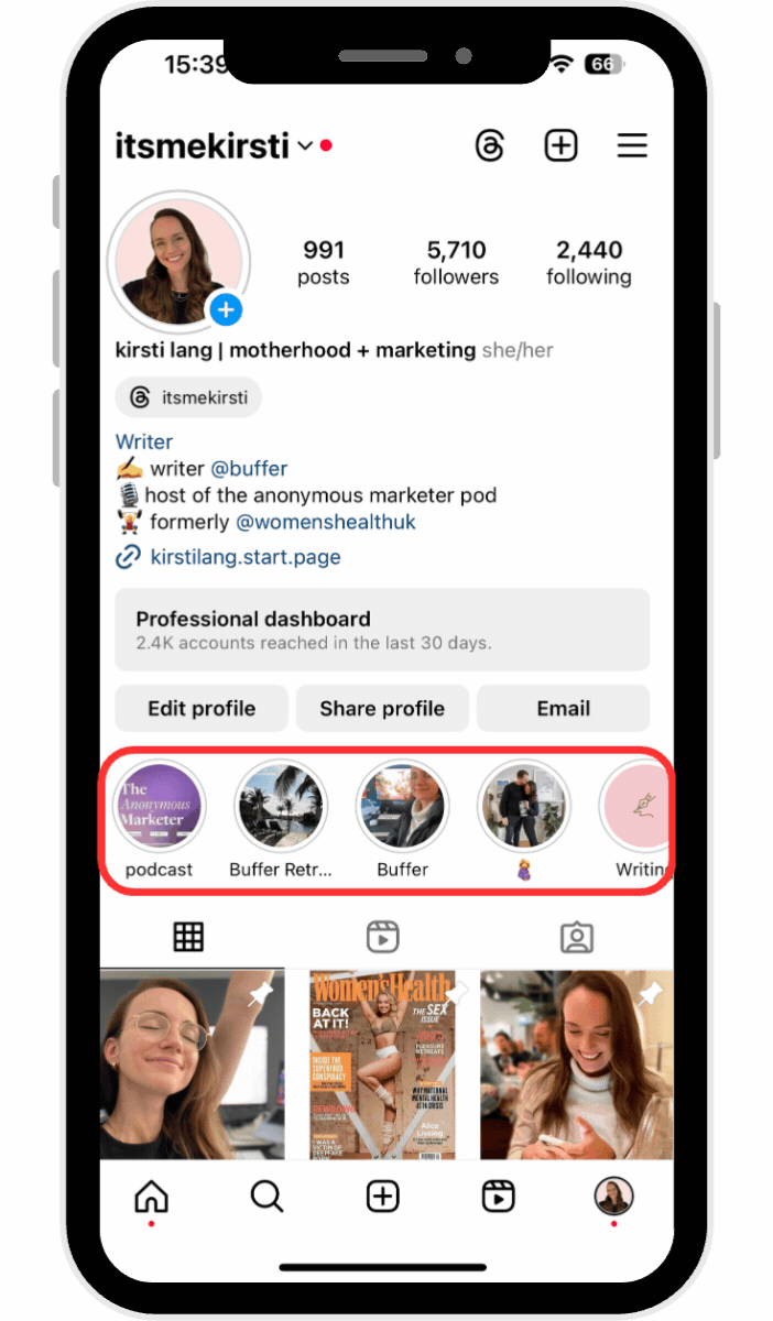 Instagram profile screen highlighting story highlights icons beneath the bio, showing saved instagram stories collections on a creator’s profile page.