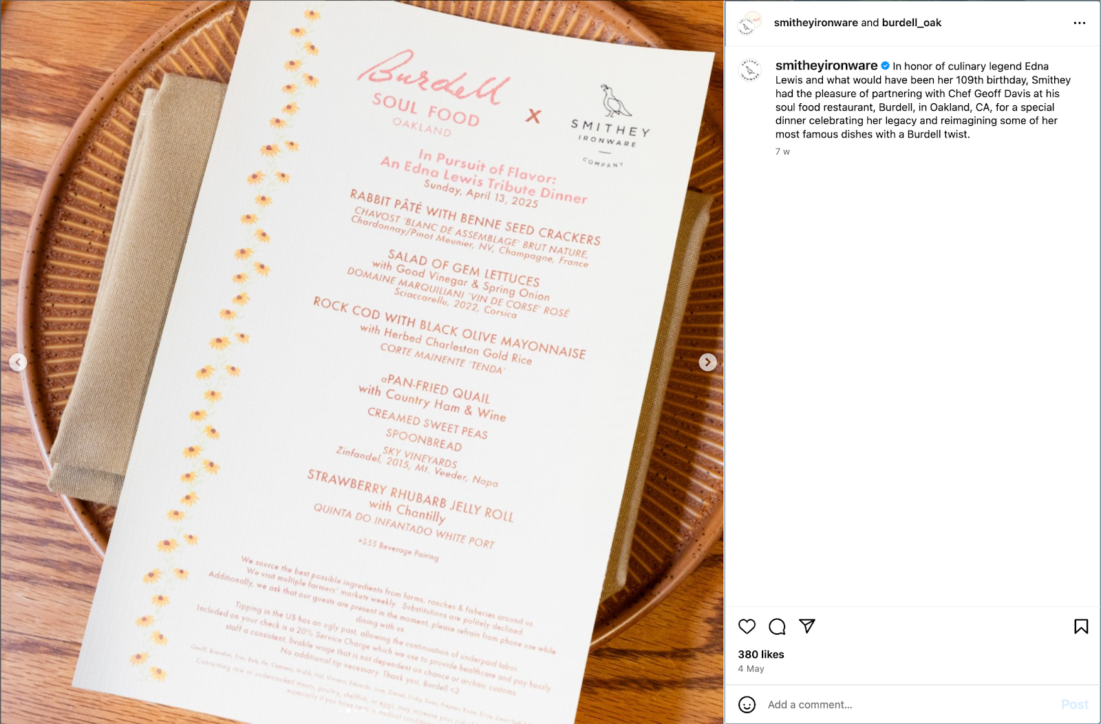 Screenshot of Smithey Ironware and Burdell Oak's Instagram collab post