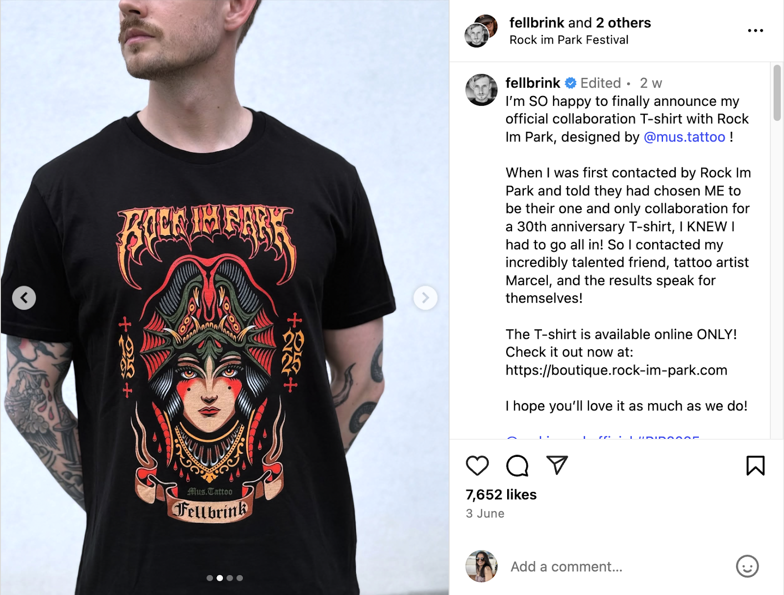 Screenshot of Victor Fellbrink and Rock im Park Festival's collab post on Instagram