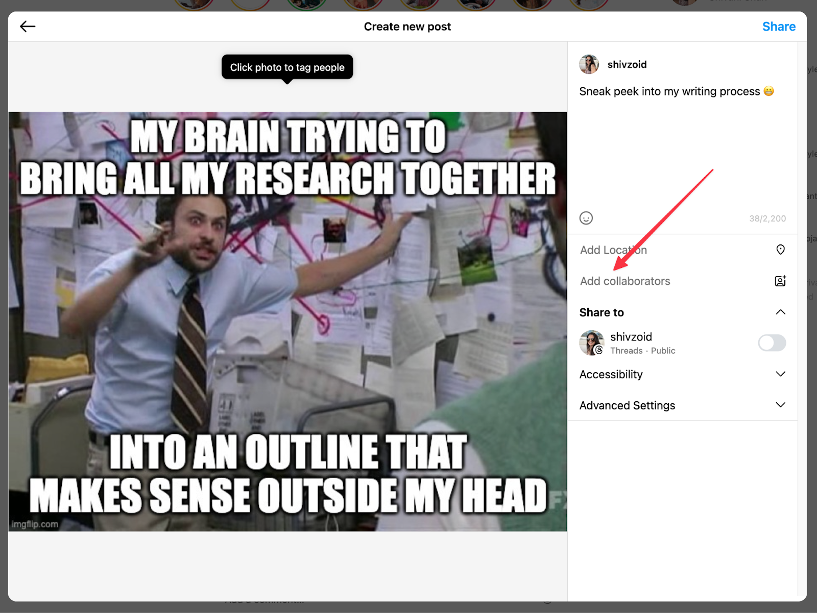 Screenshot showing how to add collaborators in instagram