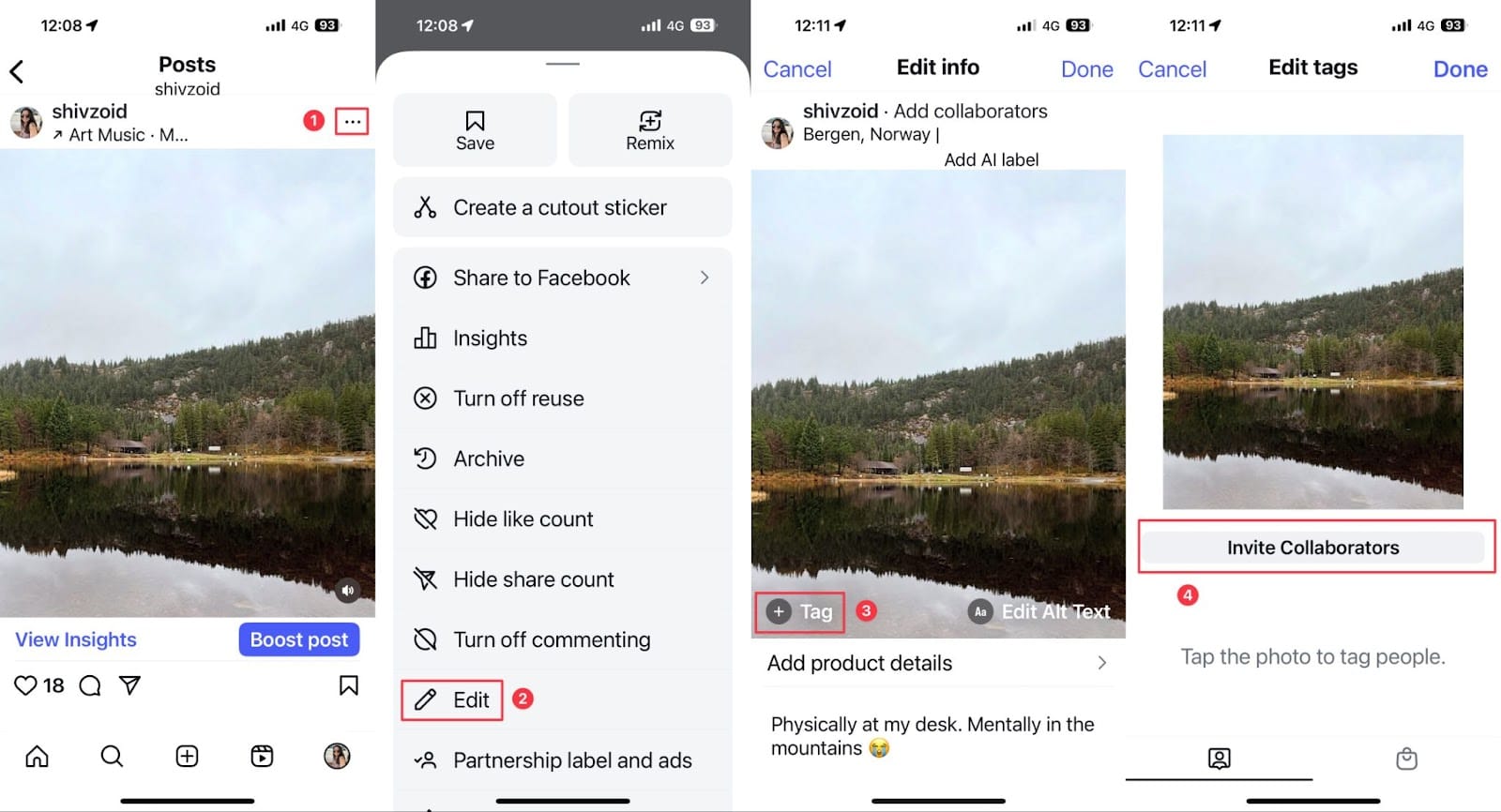 Screenshot showing how to add collaborators to a published post in Instagram