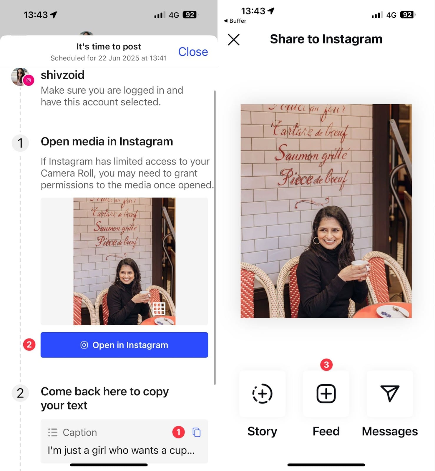 Screenshot showing how notification posting for Instagram works in buffer