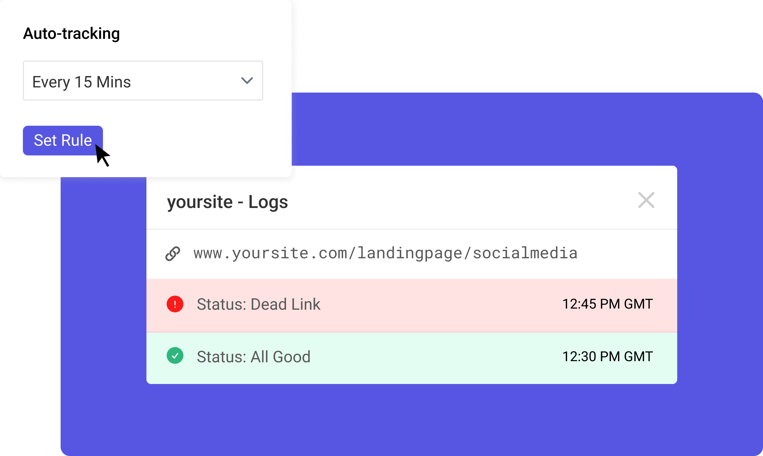 Interface of social media marketing tools showing auto-tracking rules, link monitoring logs, and real-time alerts for broken links and performance issues