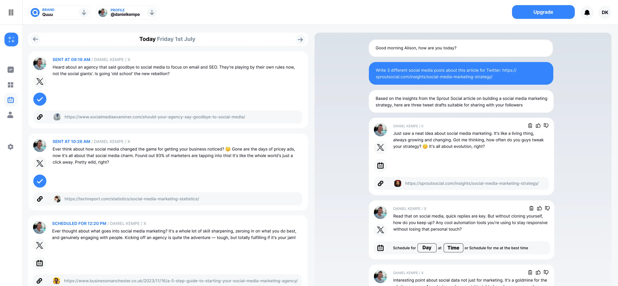 Quu social media marketing tools dashboard with AI assistant generating posts, scheduling content, and managing social media publishing workflow