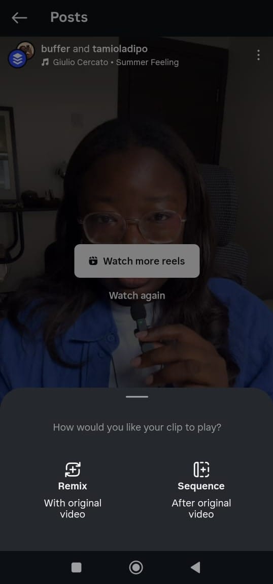 Screenshot showing how to create a remix or sequence post on Instagram