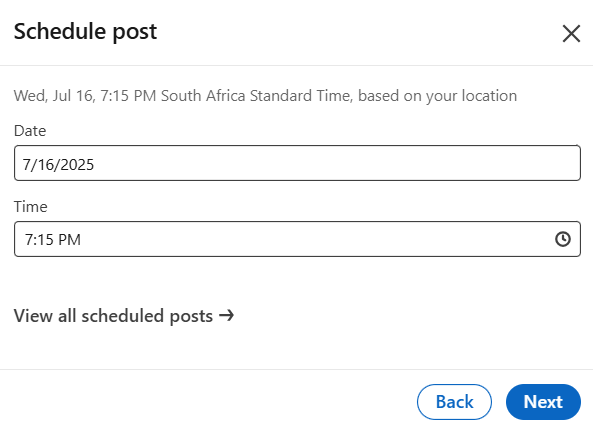 screenshot of the post scheduling options on LinkedIn 