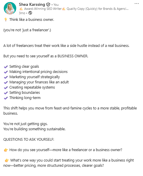 a screenshot of shea's published linkedin post talking about life as a freelancer