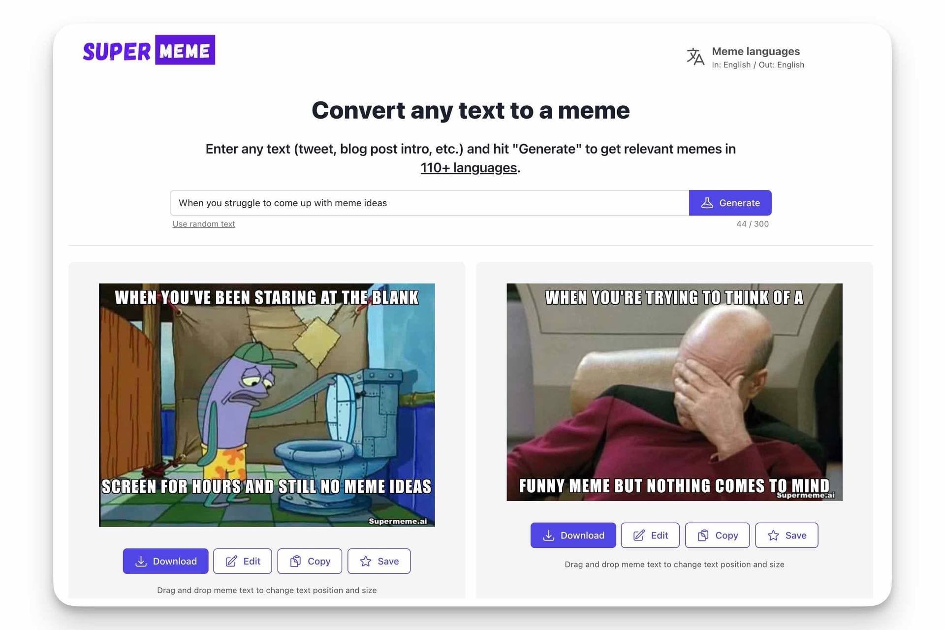 Social media marketing tool Supermeme generator interface converting text into shareable memes with editable templates and automated caption suggestions