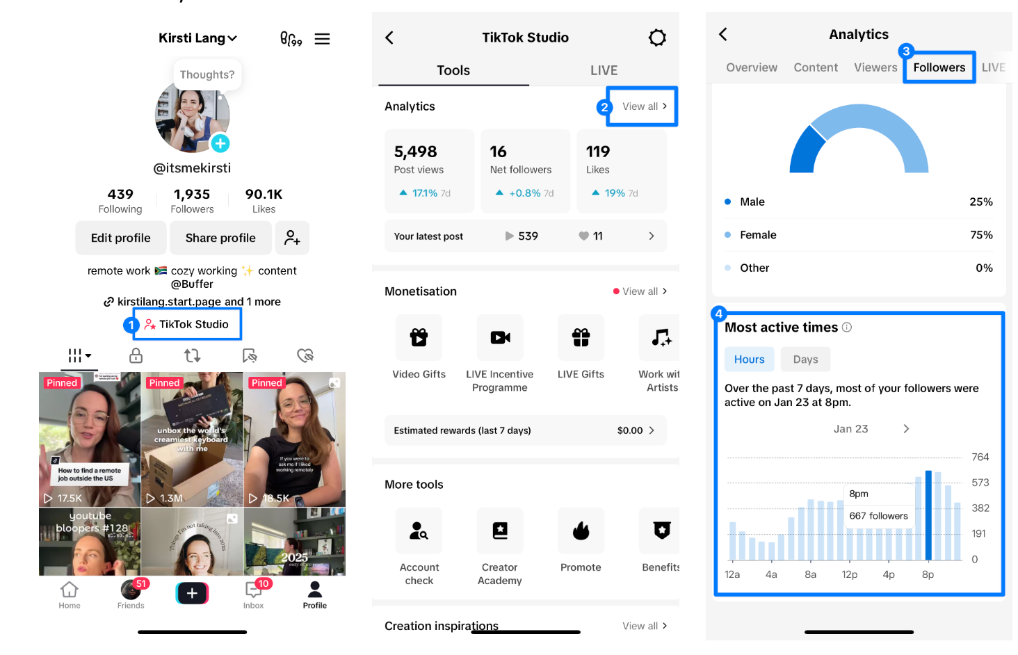 three screenshots showing how to access tiktok analytics on the mobile app