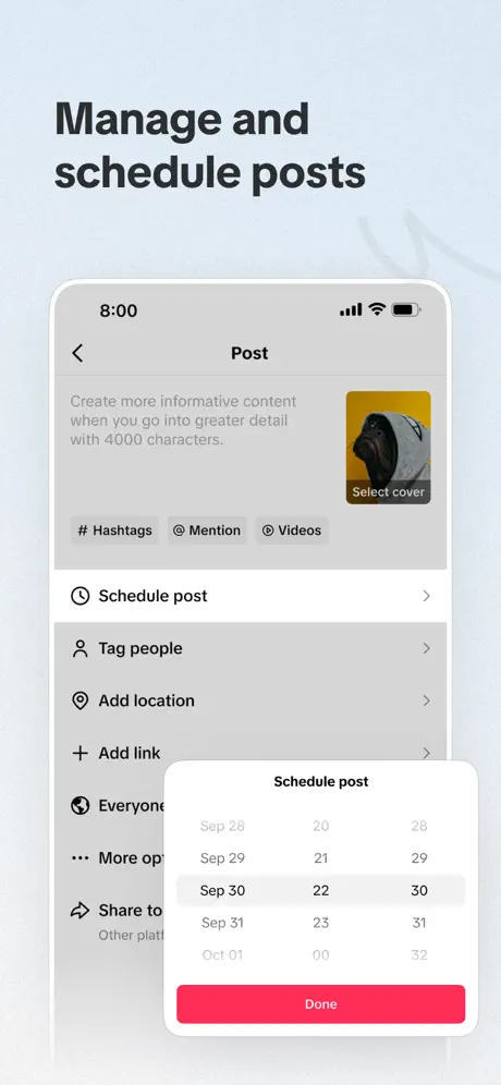 a mock up image of scheduling tiktok posts via tiktok studio