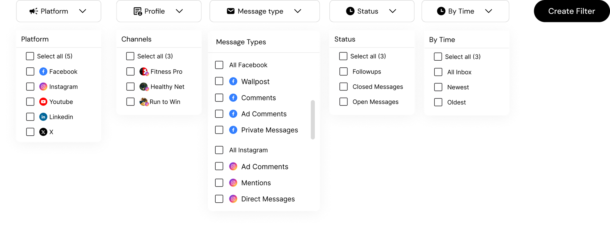 Unified social media marketing tools inbox with filters for platform, message type, status, and time, showcasing Verlynk’s streamlined engagement management interface