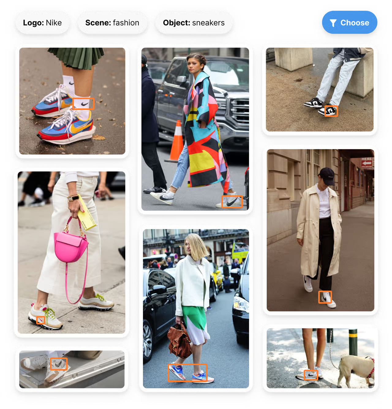 YouScan's social media marketing tools using image recognition to identify Nike sneakers in fashion photos across multiple posts and user-generated content