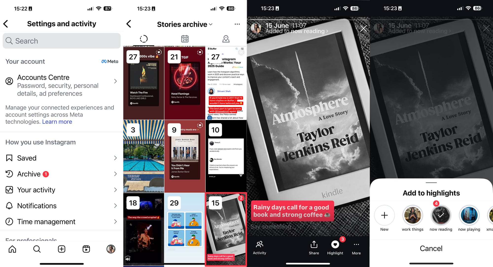 A collage of four smartphone screenshots showing steps in Instagram to save a Story to Highlights