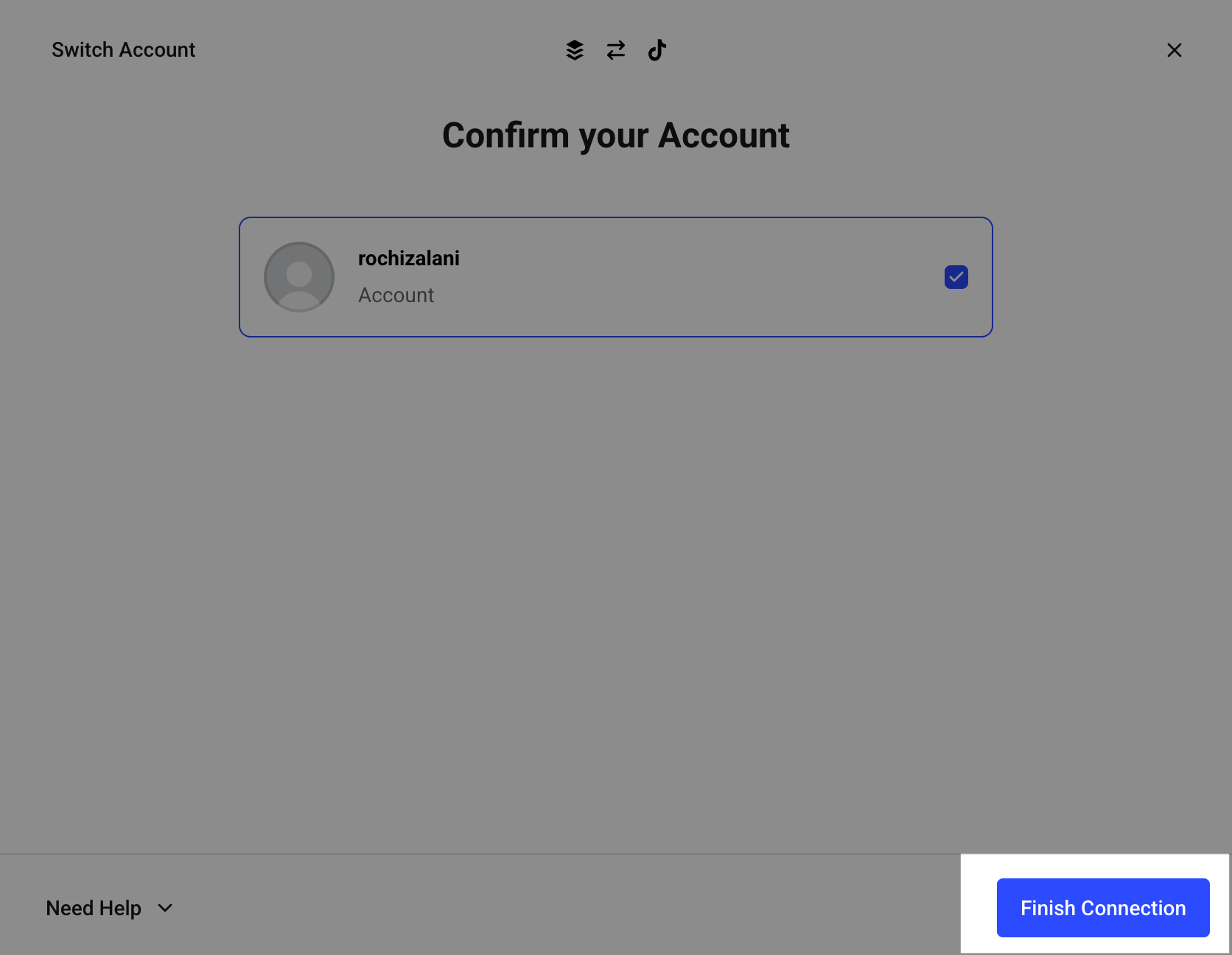 a screenshot of the finish connection button in the bottom left corner of buffer at the end of the channel connection process