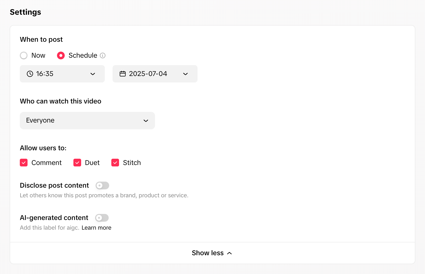 a screenshot of scheduling options on TikTok