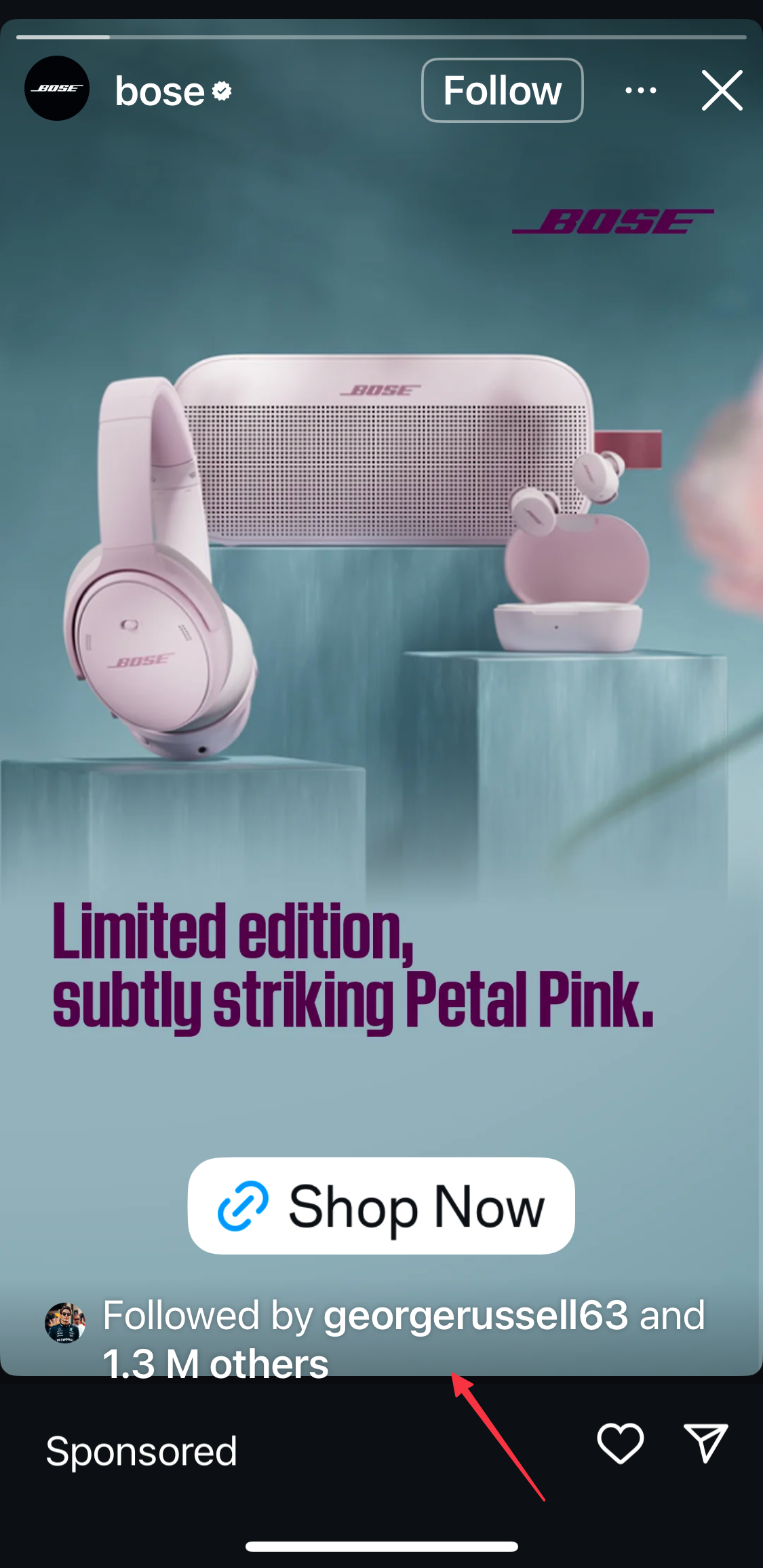Sponsored Bose product ad displayed in instagram stories, showing limited edition petal pink headphones, speaker, and earbuds with a shop now call to action.
