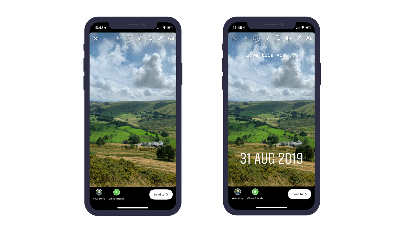 Two smartphone screens showing a landscape photo being edited and posted as instagram stories, with text overlays, date sticker, and story sharing options visible.