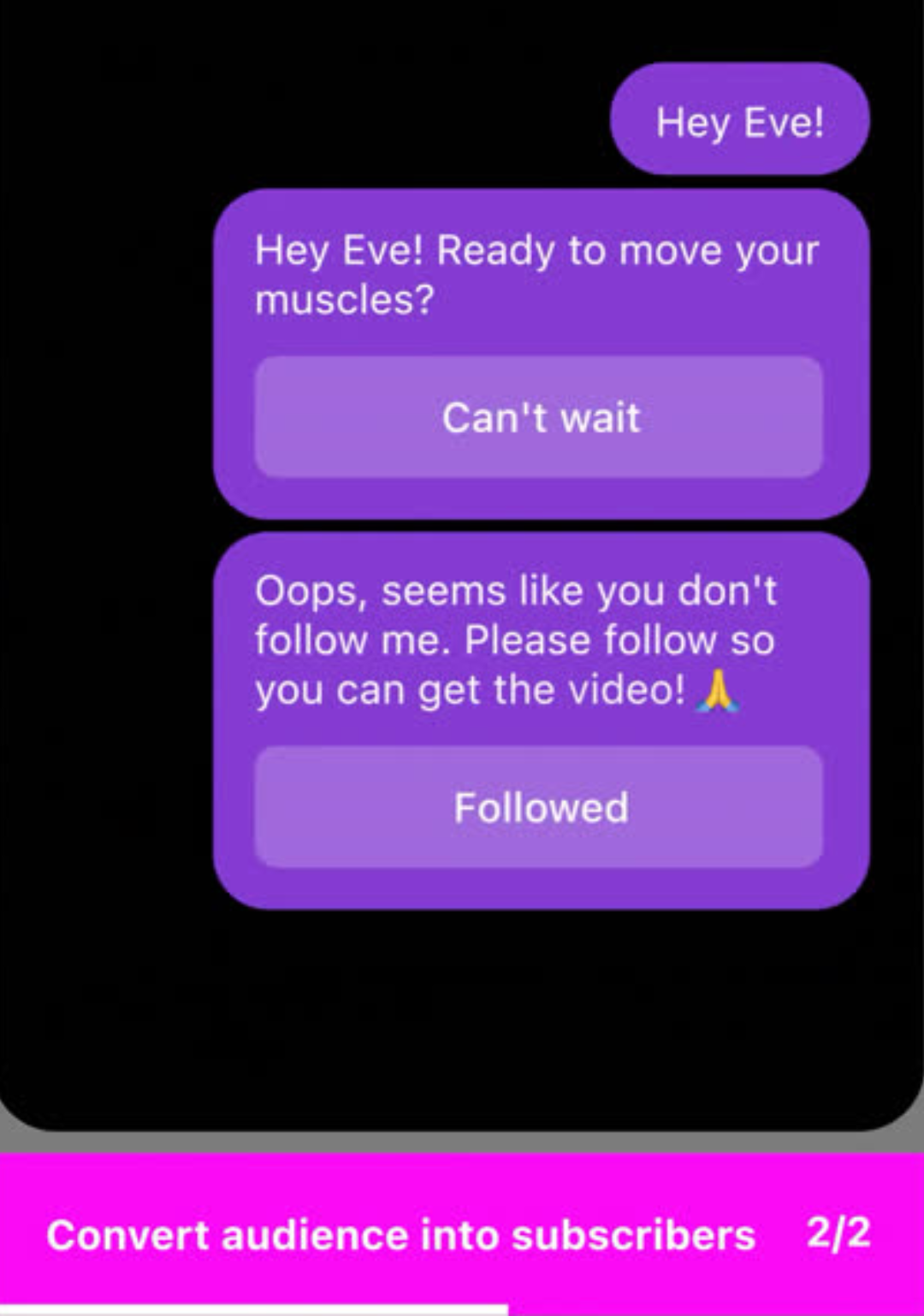 ManyChat social media marketing tool chatbot interface showing automated messages, user prompts, and follow-up actions to convert audience into subscribers